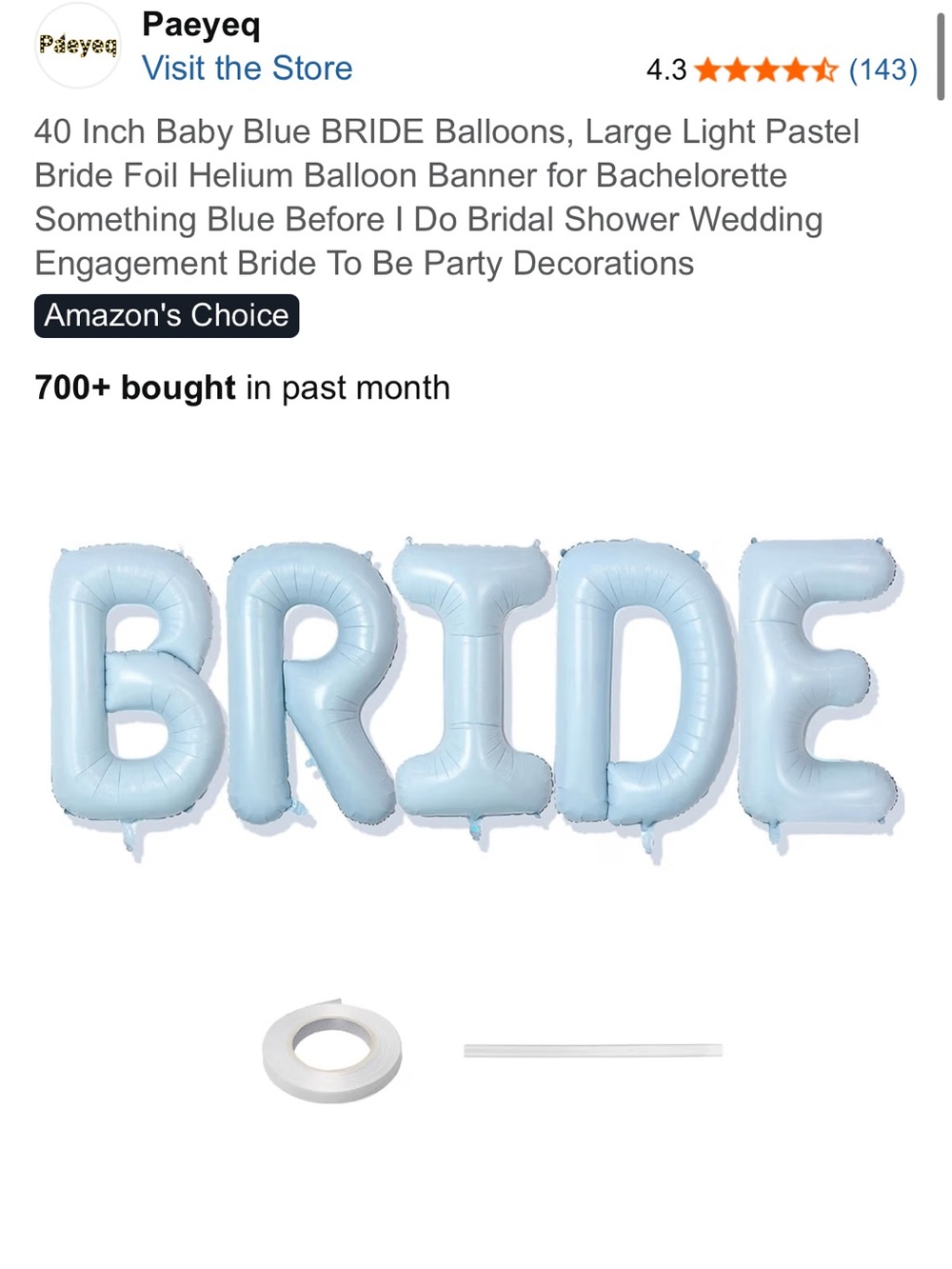 BRIDE Letter Balloons - Baby Blue Foil Balloon Banner for Bridal Shower